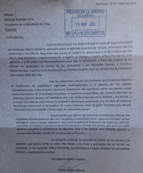 CARTA RECIBIDA PALACIO MONEDA