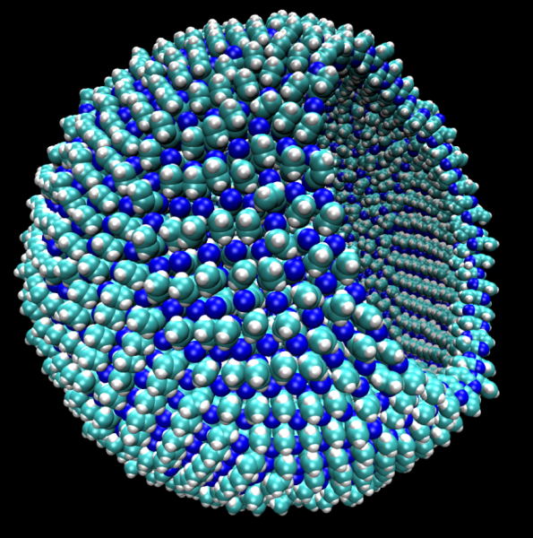 Foto: Una representación de un azotosome 9 nanómetros, aproximadamente del tamaño de un virus, con una pieza de la membrana cortada para mostrar el interior hueco / phys.org