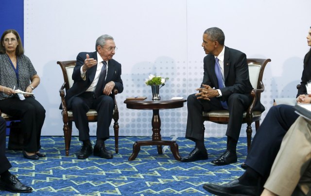 Obama holds a bilateral meeting with Castro during the first plenary session of the Summit of the Americas in Panama City, Panama