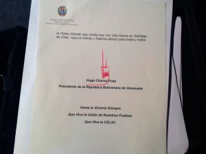 La firma de Chávez en la carta a la Celac (Foto)
