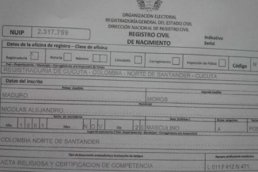 Es falso el registro civil sobre supuesto nacimiento de Maduro en Cúcuta