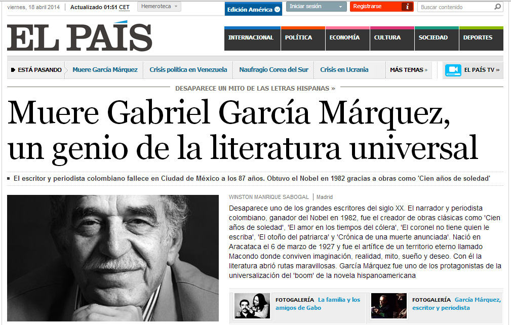 Así reseña la prensa española la muerte de García Márquez (Fotos)