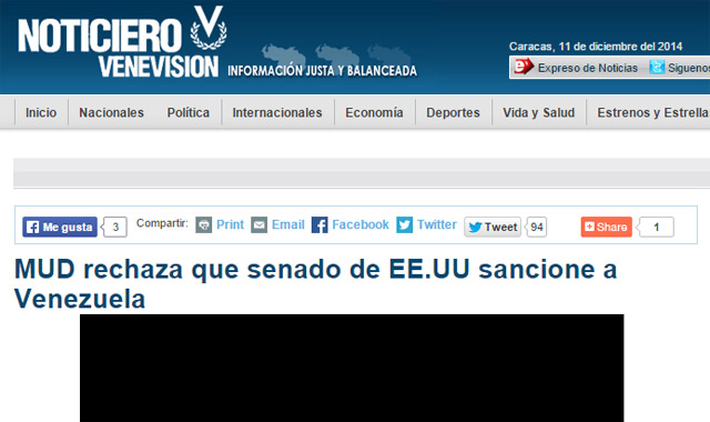 Venevisión manipula titular y hace creer que la MUD apoya a Maduro en caso de sanciones de EEUU