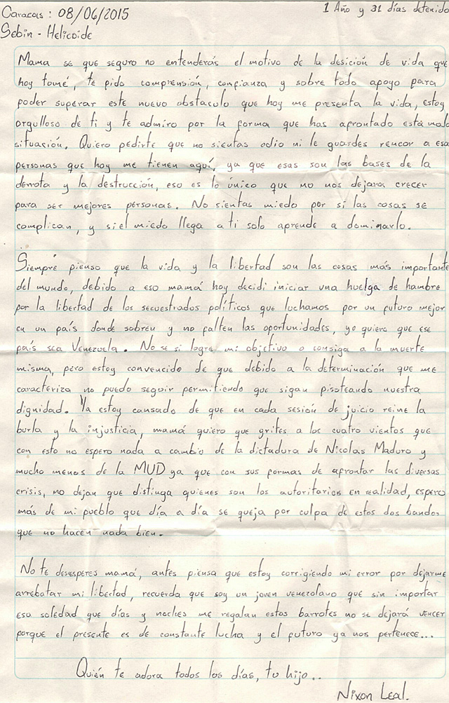 Desgarradora carta con la que el preso político Nixon Leal anuncia a su madre inicio de huelga de hambre
