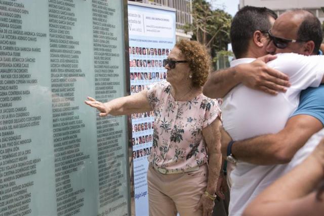 Varios familiares de las víctimas del accidente del vuelo JK5022 de Spanair, que se estrelló hace hoy siete años en Barajas cuando despegaba hacia Gran Canaria, ante el mural en la plaza de la Memoria de las Palmas en la que figuran las fotografías y los nombres de las víctimas, a las que hoy se ha rendido homenaje con varios actos en Madrid y en las islas con motivo del séptimo aniversario del siniestro. EFE/Quique Curbelo