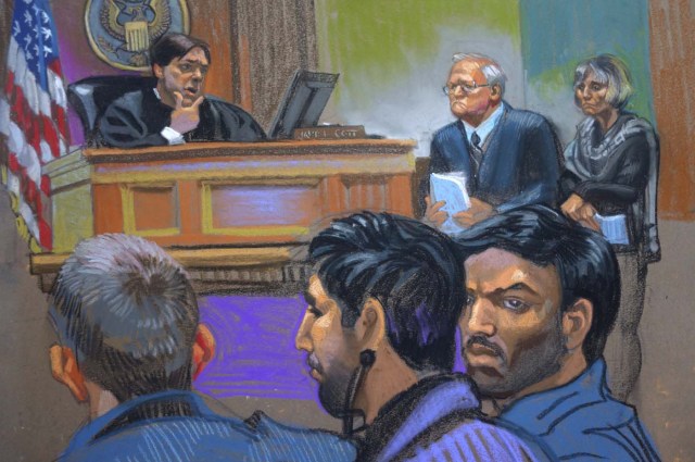Judge James Cott (L), attorneys John J. Reilly (C) and Rebekah J. Poston (R) with defendants Efrain Antonio Campo Flores (foreground, R) and Franqui Francisco Flores de Freitas (foreground, C) during a hearing in U.S. district court in the Manhattan borough of New York in this courtroom sketch from November 12, 2015. The defendants, who are two of Venezuelan President Nicolas Maduro's relatives, have been indicted in the United States for cocaine smuggling, according to court papers on Thursday, following an international sting that Venezuela cast as an "imperialist" attack. Picture sketched November 12, 2015. REUTERS/Christine Cornell       TPX IMAGES OF THE DAY     FOR EDITORIAL USE ONLY. NO RESALES. NO ARCHIVE. FOR EDITORIAL USE ONLY. NOT FOR SALE FOR MARKETING OR ADVERTISING CAMPAIGNS.