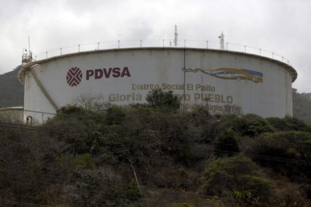 The PDVSA logo is seen on a tank at its refinery El Palito in Puerto Cabello