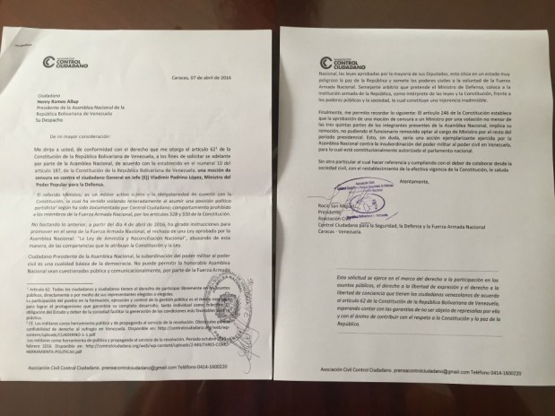 Foto: Solicitud de Censura para Vladimir Padrino / Nota de prensa