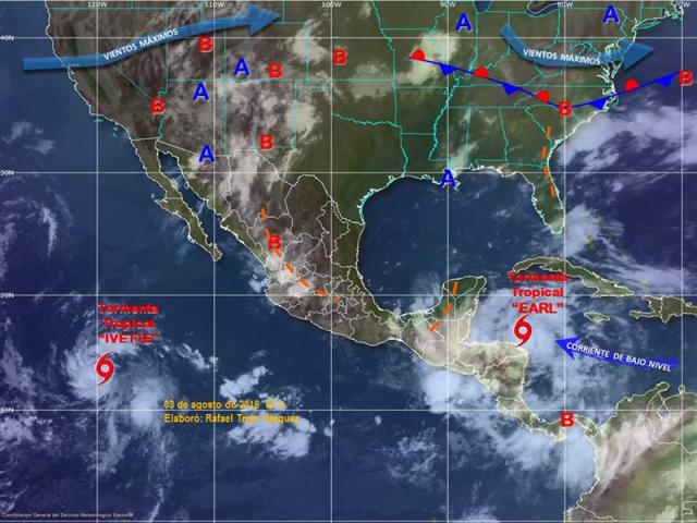 Imagen interpretada y cedida hoy, miércoles 3 de agosto de 2016, por el Servicio Meteorológico Nacional (SMN) de las tormentas que afectan con lluvias torrenciales a buena parte de la República Mexicana. Según el Servicio Meteorológico Nacional (SMN), los estados del sureste de México se encuentran en alerta ante el avance de la tormenta tropical Earl, que generará lluvias muy fuertes con tormentas intensas y que se localiza a 440 kilómetros al este-sureste de Puerto Costa Maya, y a 480 kilómetros al este-sureste de Chetumal, ambas localidades en el suroriental estado de Quintana Roo (México). EFE/SMN/SOLO USO EDITORIAL