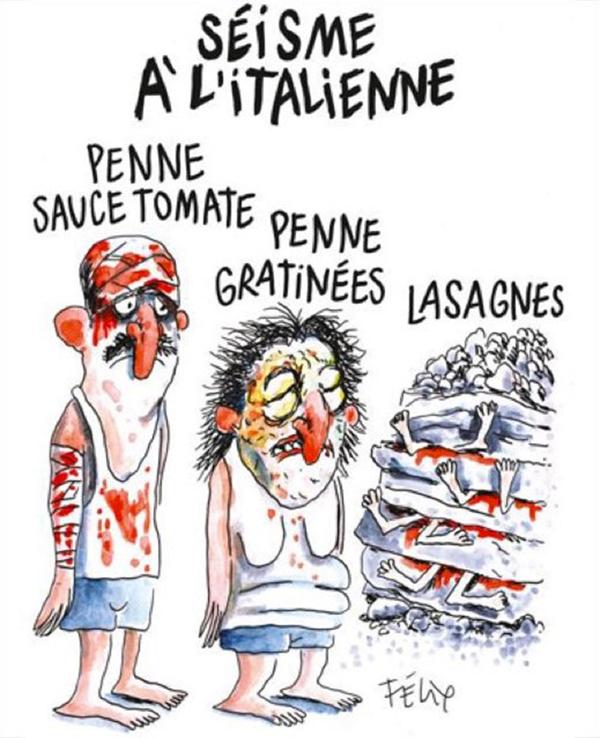 “Sismo a la italiana”, la cruel viñeta de Charlie Hebdo dedicada al terremoto en Amatrice