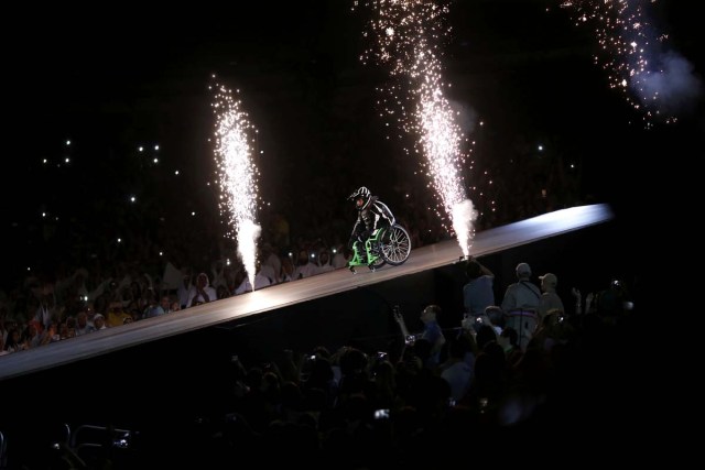 2016 Rio Paralympics - Opening ceremony - Maracana - Rio de Janeiro, Brazil - 07/09/2016. A performer in a wheelchair takes part in the opening ceremony. REUTERS/Ueslei Marcelino FOR EDITORIAL USE ONLY. NOT FOR SALE FOR MARKETING OR ADVERTISING CAMPAIGNS.