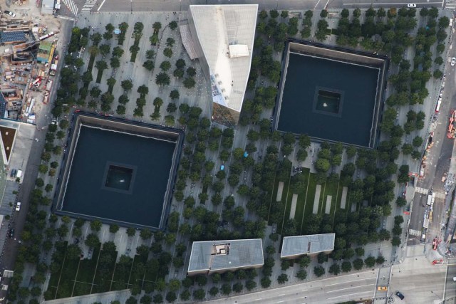 NEW YORK, NY - SEPTEMBER 8: An aerial view of the National September 11 Memorial & Museum, September 8, 2016 in New York City. New York City is preparing to mark the 15th anniversary of the September 11 terrorist attacks. Drew Angerer/Getty Images/AFP