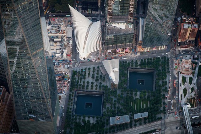 NEW YORK, NY - SEPTEMBER 8: An aerial view of the National September 11 Memorial & Museum and the Oculus Transportation Hub, September 8, 2016 in New York City. New York City is preparing to mark the 15th anniversary of the September 11 terrorist attacks. Drew Angerer/Getty Images/AFP