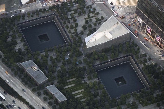 NEW YORK, NY - SEPTEMBER 8: An aerial view of the National September 11 Memorial & Museum, September 8, 2016 in New York City. New York City is preparing to mark the 15th anniversary of the September 11 terrorist attacks. Drew Angerer/Getty Images/AFP