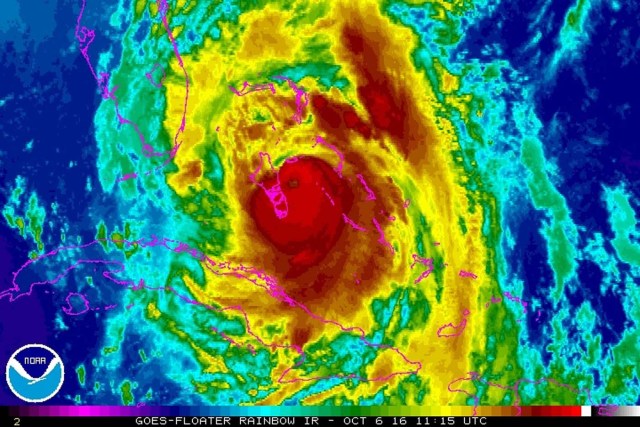 Hurricane Matthew is seen over the Bahamas in this infrared image from NOAA's GOES-East satellite taken at 07:45am ET (11:45 GMT) October 6, 2016. NOAA/Handout via REUTERS THIS IMAGE HAS BEEN SUPPLIED BY A THIRD PARTY. IT IS DISTRIBUTED, EXACTLY AS RECEIVED BY REUTERS, AS A SERVICE TO CLIENTS. FOR EDITORIAL USE ONLY. NOT FOR SALE FOR MARKETING OR ADVERTISING CAMPAIGNS