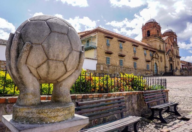 View of the Basilica of Our Lady of Mongui, in Mongui, in the Colombian department of Boyaca, taken on February 13, 2017. Mongui, in the central mountains of Colombia, has about 20 football factories that make balls mainly for football and micro-football. About a quarter of the town's 4,900 inhabitants work in these factories. / AFP PHOTO / Luis ACOSTA