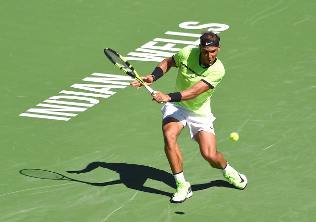 Mar 12, 2017; Indian Wells, CA, USA; Rafael Nadal (ESP) during his 2nd round match as he defeated Guido Pella (not pictured) in the BNP Paribas Open at the Indian Wells Tennis Garden. Nadal won 6-3, 6-2. Mandatory Credit: Jayne Kamin-Oncea-USA TODAY Sports