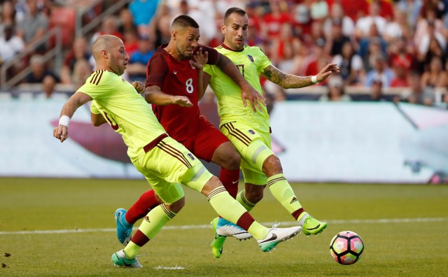 Jun 3, 2017; Sandy, UT, USA; United States forward Clint Dempsey (8) battles for the ball against Venezuela defender José Manuel Velázquez (6) and defender Pablo Camacho (17) in the first half at Rio Tinto Stadium. Mandatory Credit: Jeff Swinger-USA TODAY Sports