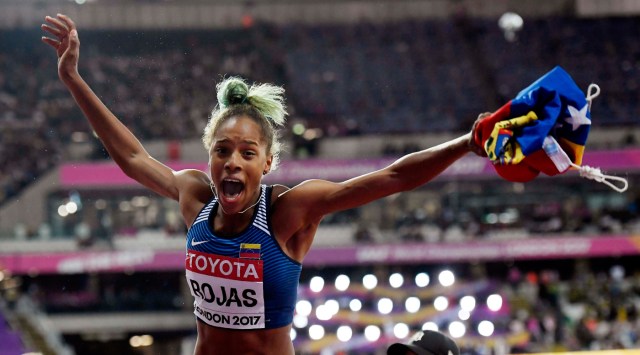 Athletics - World Athletics Championships - Women's Triple Jump Final – London Stadium, London, Britain - August 7, 2017. Yulimar Rojas of Venezuela celebrates winning gold. REUTERS/Toby Melville