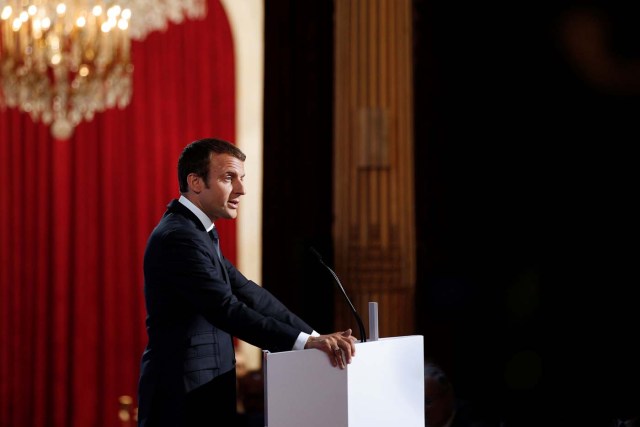 French President Emmanuel Macron addresses a speech during the annual gathering of French Ambassadors at the Elysee Palace in Paris, France, August 29, 2017. REUTERS/Yoan Valat/Pool