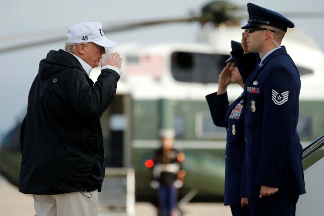 U.S. President Donald Trump boards Air Force One for travel to view Hurricane Irma response efforts in Florida, from Joint Base Andrews, Maryland, U.S., September 14, 2017. REUTERS/Jonathan Ernst