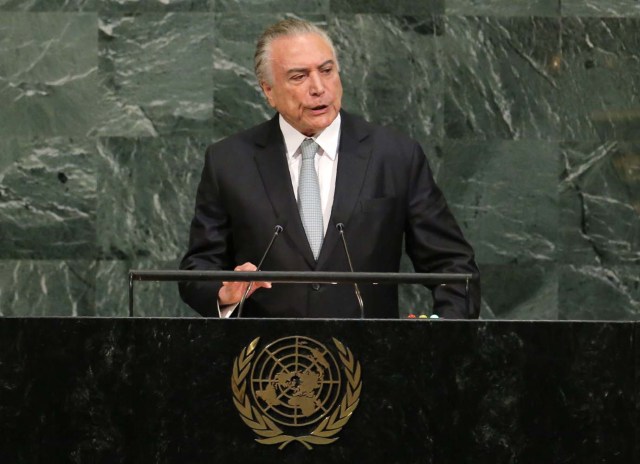 El presidente de Brasil, Michel Temer, en la Asamblea General de las Naciones Unidas en la sede de la ONU en Nueva York, sep 19, 2017. REUTERS/Lucas Jackson