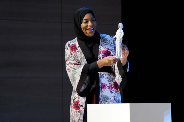 NEW YORK, NY - NOVEMBER 13: U.S. Olympic Medalist Ibtihaj Muhammad speaks onstage a new Barbie doll in her image during Glamour Celebrates 2017 Women Of The Year Live Summit at Brooklyn Museum on November 13, 2017 in New York City. Craig Barritt/Getty Images for Glamour/AFP