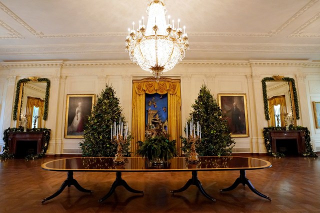 Christmas decor adorns the East Room of the White House in Washington, U.S., November 27, 2017.  REUTERS/Kevin Lamarque