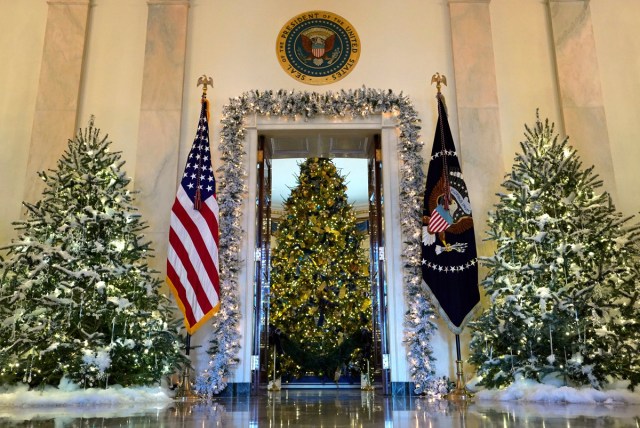 The official White House Christmas tree is seen from the Cross Hall of the White House in Washington, U.S., November 27, 2017.  REUTERS/Kevin Lamarque