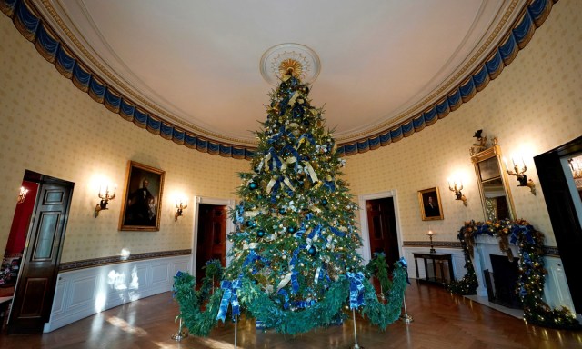 The official White House Christmas tree adorns the Blue Room of the White House in Washington, U.S., November 27, 2017.  REUTERS/Kevin Lamarque