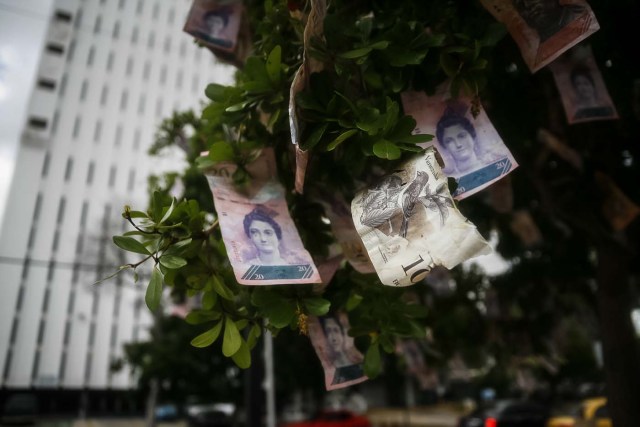 VEN209- MARACAIBO (VENEZUELA) - 27/12/2018 - Detalle de un árbol con billetes venezolanos puestos en sus ramas como protesta por la situación económica hoy, 27 de diciembre del 2017, en Maracaibo (Venezuela). Venezuela ya ha registrado al menos dos crisis por efectivo en los últimos meses, siendo la más grave la que ocurrió a mediados de diciembre pasado después de que el jefe de Estado, Nicolás Maduro, ordenase retirar en tres días el billete de 100 bolívares, para entonces el mayor signo monetario del país. EFE/HUMBERTO MATHEUS