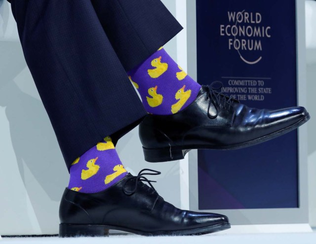 Canadian Prime Minister's Justin Trudeau's socks are seen as he attends the World Economic Forum (WEF) annual meeting in Davos, Switzerland January 25, 2018. REUTERS/Denis Balibouse