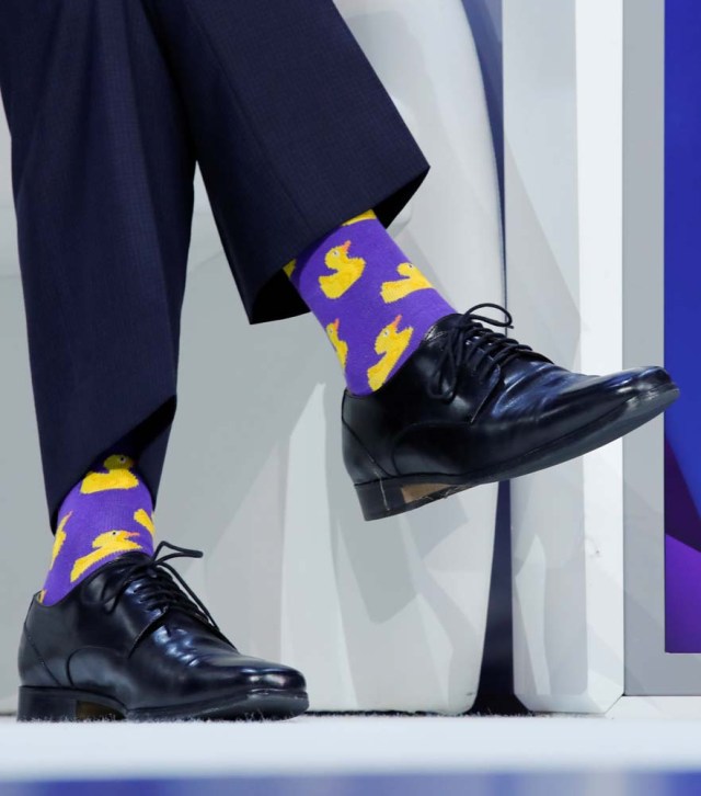 Canadian Prime Minister's Justin Trudeau's socks are seen as he attends the World Economic Forum (WEF) annual meeting in Davos, Switzerland January 25, 2018. REUTERS/Denis Balibouse