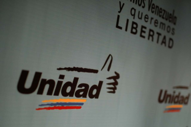 The logo of the Venezuelan coalition of opposition parties (MUD) is seen during a news conference in Caracas, Venezuela January 26, 2018. REUTERS/Marco Bello