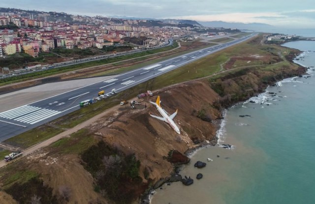 A Pegasus Airlines Boeing 737 passenger plane is seen struck in mud on an embankment, a day after skidding off the airstrip, after landing at Trabzon's airport on the Black Sea coast on January 14, 2018. A passenger plane late on January 13 skidded off the runway just metres away from the sea as it landed at Trabzon's airport in northern Turkey. The Pegasus Airlines flight, with 168 people on board, had taken off from Ankara on its way to the northern province of Trabzon. No casualties were reported. / AFP PHOTO / IHLAS NEWS AGENCY / STRINGER / Turkey OUT