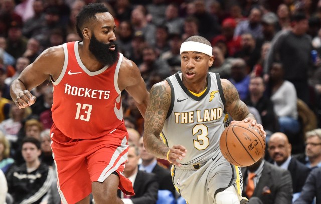 Feb 3, 2018; Cleveland, OH, USA; Cleveland Cavaliers guard Isaiah Thomas (3) drives to the basket against Houston Rockets guard James Harden (13) during the second half at Quicken Loans Arena. Mandatory Credit: Ken Blaze-USA TODAY Sports