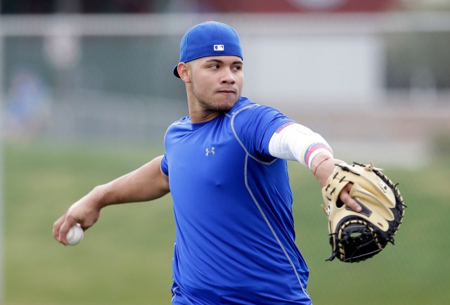 Feb 13, 2018; Mesa, AZ, USA; Chicago Cubs catcher Willson Contreras (40) warms up during voluntary work outs at Sloan Park. Mandatory Credit: Rick Scuteri-USA TODAY Sports