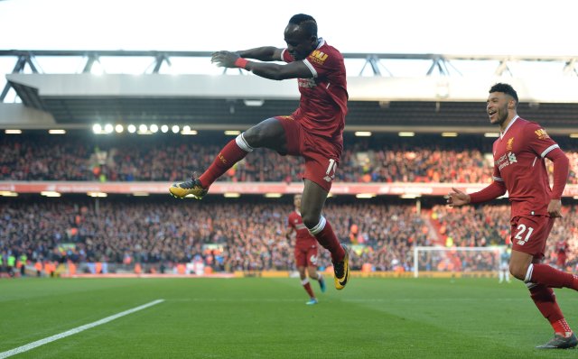 Soccer Football - Premier League - Liverpool vs West Ham United - Anfield, Liverpool, Britain - February 24, 2018   Liverpool's Sadio Mane celebrates scoring their fourth goal                       REUTERS/Peter Powell    EDITORIAL USE ONLY. No use with unauthorized audio, video, data, fixture lists, club/league logos or "live" services. Online in-match use limited to 75 images, no video emulation. No use in betting, games or single club/league/player publications.  Please contact your account representative for further details.