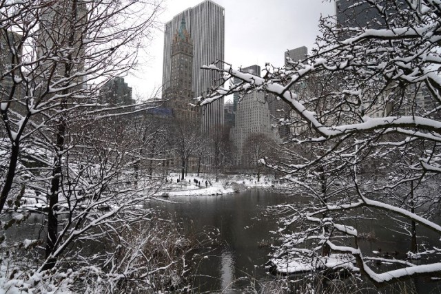 Snow in Central Park in New York  March 21, 2018  as  the fourth nor'easter in a month hits the tri-state area on the first full day of spring. Winter Storm Toby, is throwing a fresh blanket of snow just as spring begins. The storm caused heavy damaged in the south with hail, high winds and tornadoes. / AFP PHOTO / TIMOTHY A. CLARY