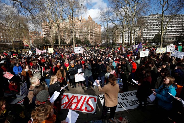 People attend a pro-women rights rally in central London, Britain. March 8, 2018. REUTERS/Henry Nicholls NO RESALES. NO ARCHIVES.