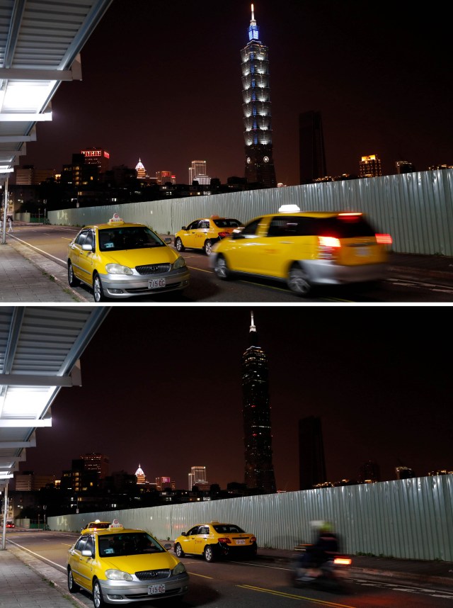A combination picture shows the Taipei 101 building before (top) and during Earth Hour in Taipei, Taiwan March 24, 2018. REUTERS/Tyrone Siu