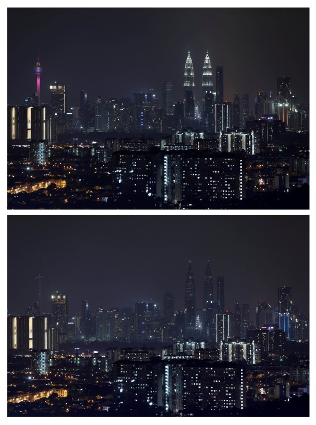 A combination photo shows the Petronas Twin Towers as lights were dimmed (bottom) and after lights were switched on to mark the Earth Hour in Kuala Lumpur, Malaysia March 24, 2018. REUTERS/Stringer NO RESALES. NO ARCHIVES.