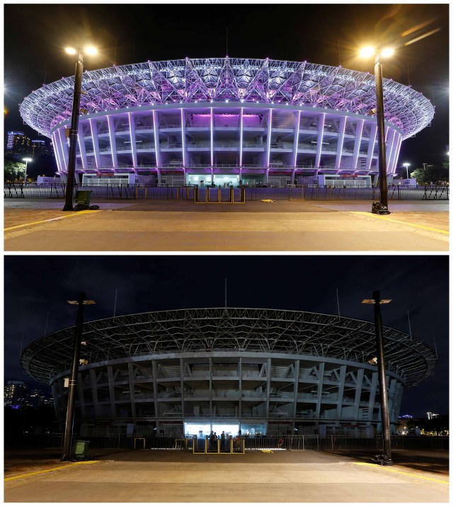 A combination photo shows a general view of Gelora Bung Karno Stadium before and after the lights are dimmed to mark Earth Hour, in Jakarta, Indonesia, March 24, 2018. REUTERS/Willy Kurniawan