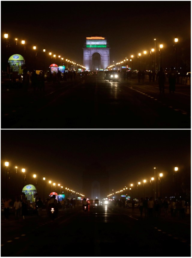 A combination picture shows the India Gate war memorial before (top) and after the lights were turned off for Earth Hour in New Delhi, India, March 24, 2018. REUTERS/Saumya Khandelwal
