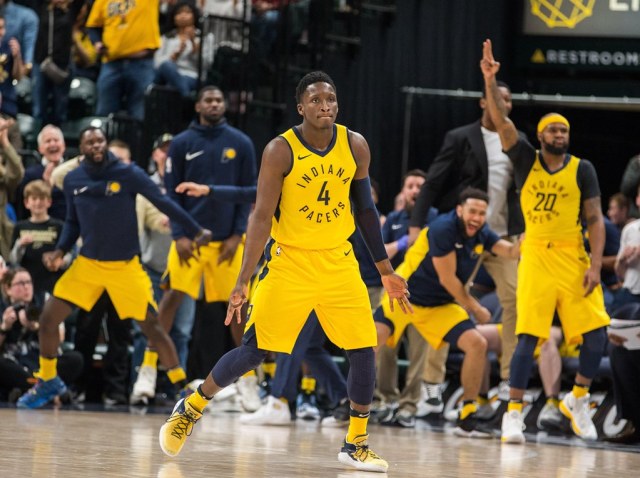 Mar 25, 2018; Indianapolis, IN, USA; Indiana Pacers guard Victor Oladipo (4) celebrates after making a three point basket in overtime against the Miami Heat at Bankers Life Fieldhouse. Mandatory Credit: Trevor Ruszkowski-USA TODAY Sports