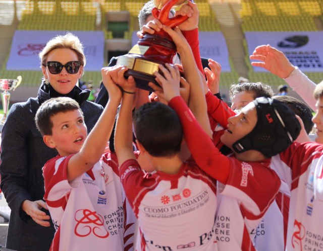 Princess Charlene of Monaco attends the International Rugby tournament Tournoi Sainte Devote at the Louis II Stadium in Monaco on March 31, 2018. Valery Hache/Pool via Reuters