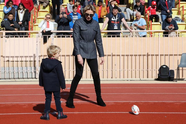 Princess Charlene of Monaco and Prince Jacques of Monaco attend the International Rugby tournament Tournoi Sainte Devote at the Louis II Stadium in Monaco, March 31, 2018. Valery Hache/Pool via Reuters