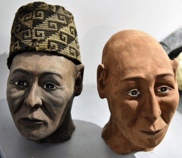 View of two out of three facial reconstructions of human skulls from the Tiwanacu culture, in which Bolivian Forensic Anthropologist Luis Castedo has been working on, in La Paz on May 18, 2018.   The 1,100-year-old skulls were found at the Kalasasaya temple in the archaeological site of Tiwanakuque. Castedo says he will reconstruct 10 more skulls for the end of the year.  / AFP PHOTO / AIZAR RALDES