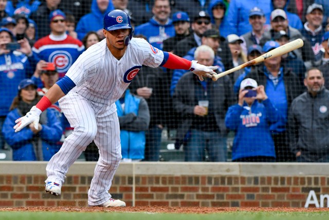 May 11, 2018; Chicago, IL, USA; Chicago Cubs catcher Willson Contreras (40) hits an RBI double against the Chicago White Sox in the seventh inning at Wrigley Field. Mandatory Credit: Matt Marton-USA TODAY Sports