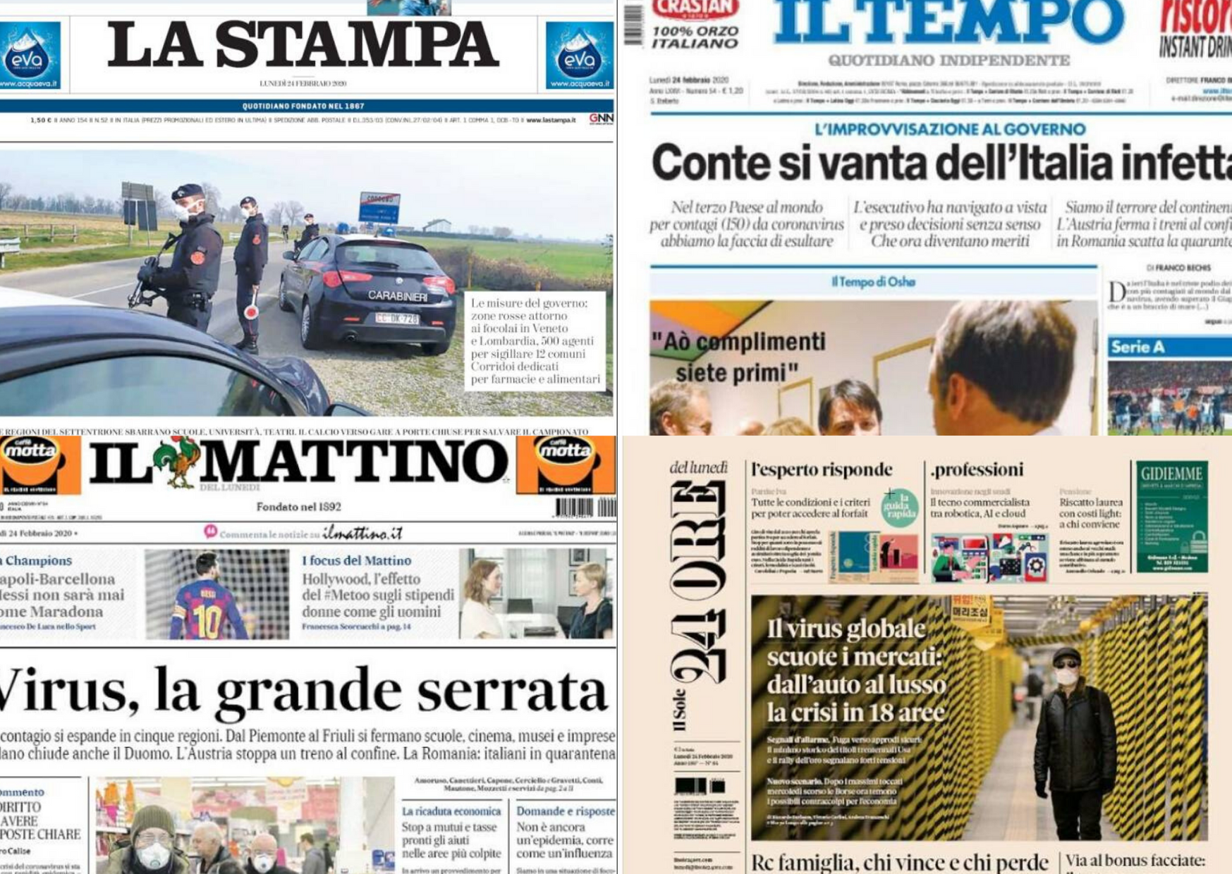 Las portadas de la prensa de Italia tras el brote de coronavirus